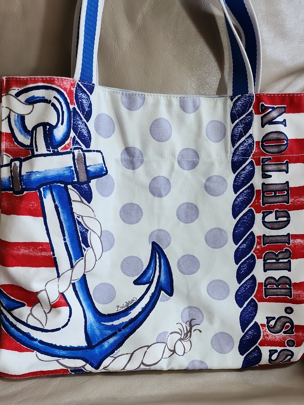 Brighton Nautical Anchor Print Canvas Tote Bag - White/Blue/Red Preowned